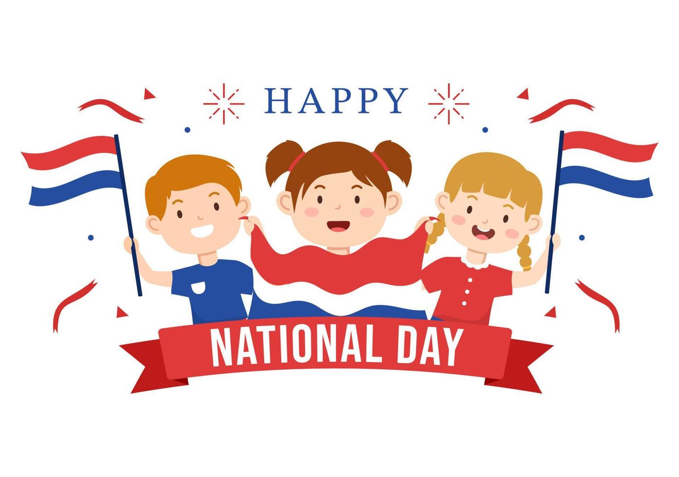 contento Olanda nazionale giorno illustrazione con bambini Tenere Olanda bandiera per atterraggio pagina nel piatto cartone animato mano disegnato modello vettore