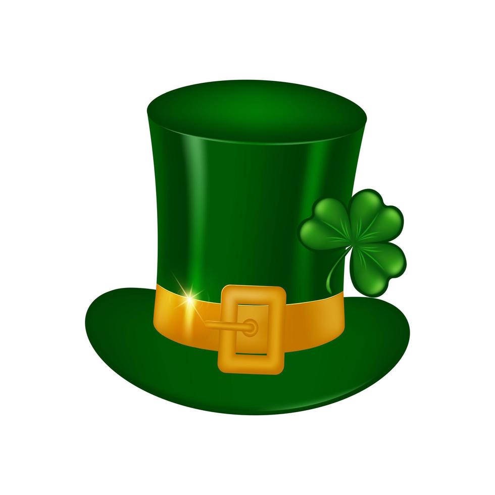 verde fata cappello con oro fibbia e trifoglio foglia. st. Patrick cappello con un' trifoglio su un' bianca sfondo. tradizionale vacanza costume santo patricks giorno. vettore illustrazione.