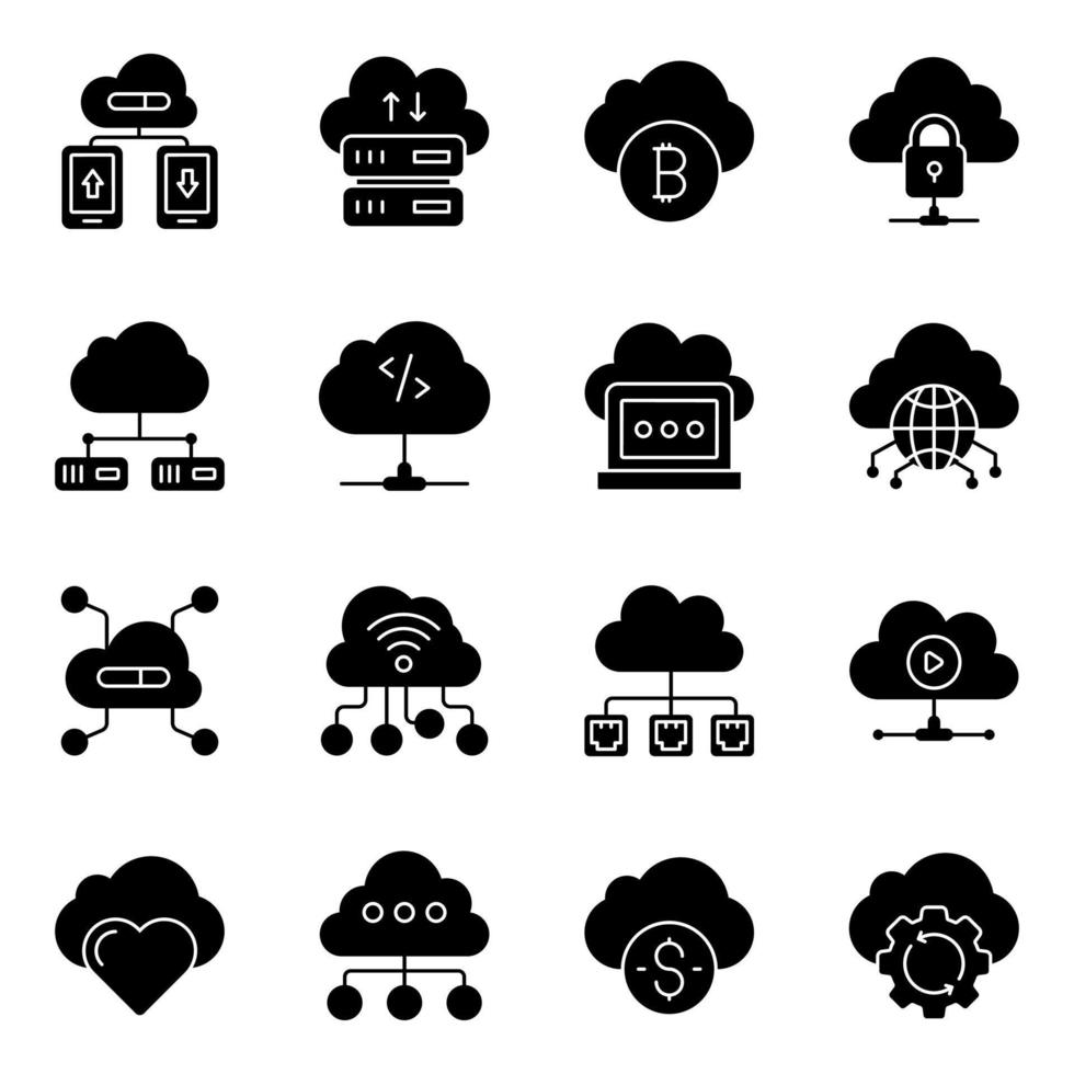 imballare di nube calcolo e tecnologia solido icone vettore