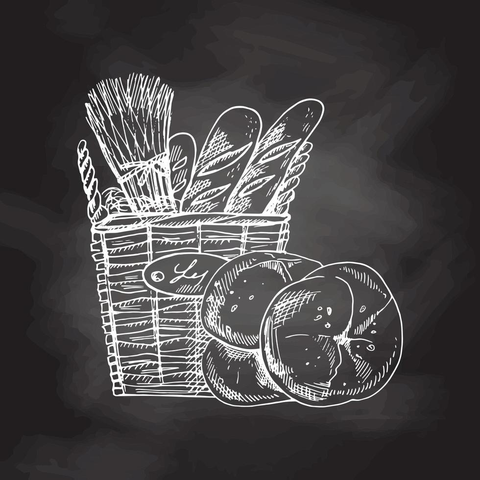 vettore mano disegnato schizzo illustrazione di di vimini piazza cestino con baguettes e panini. lavagna sfondo, bianca disegno. schizzo icona e forno elemento.