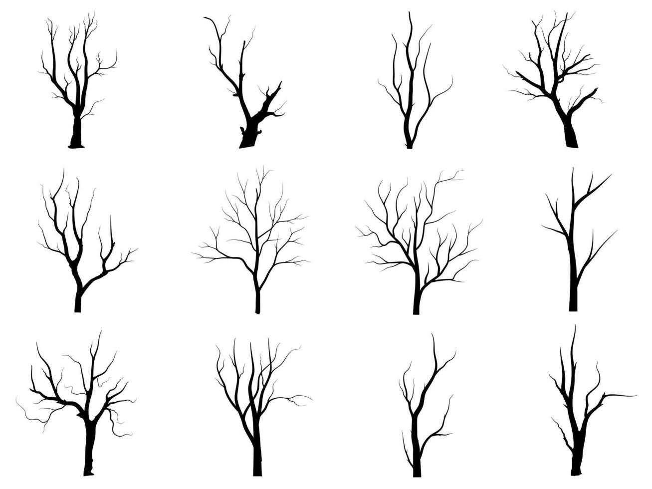 set di sagome di albero di ramo nero o alberi nudi. illustrazioni isolate disegnate a mano. vettore