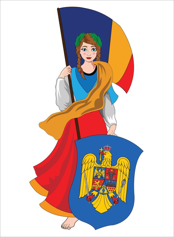 Romania ragazza Tenere bandiera e scudo vettore illustrazione
