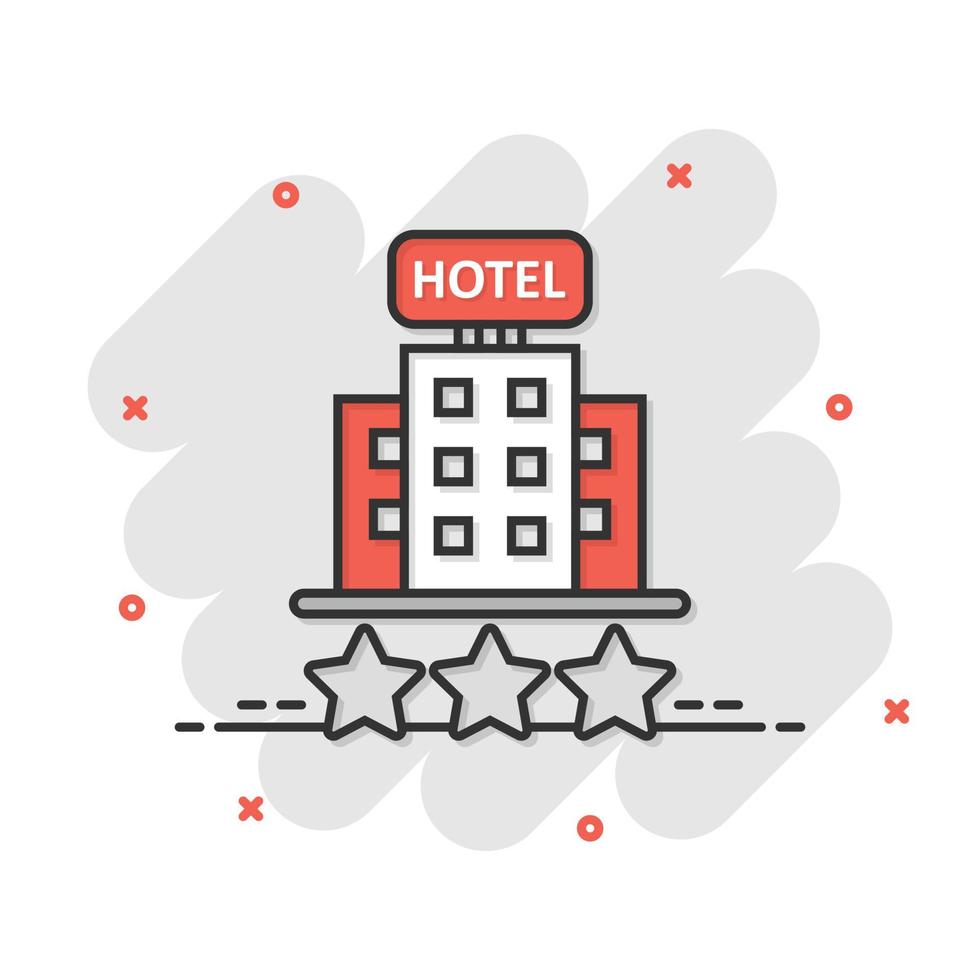 Hotel 3 stelle cartello icona nel comico stile. Locanda edificio cartone animato vettore illustrazione su bianca isolato sfondo. ostello camera spruzzo effetto attività commerciale concetto.