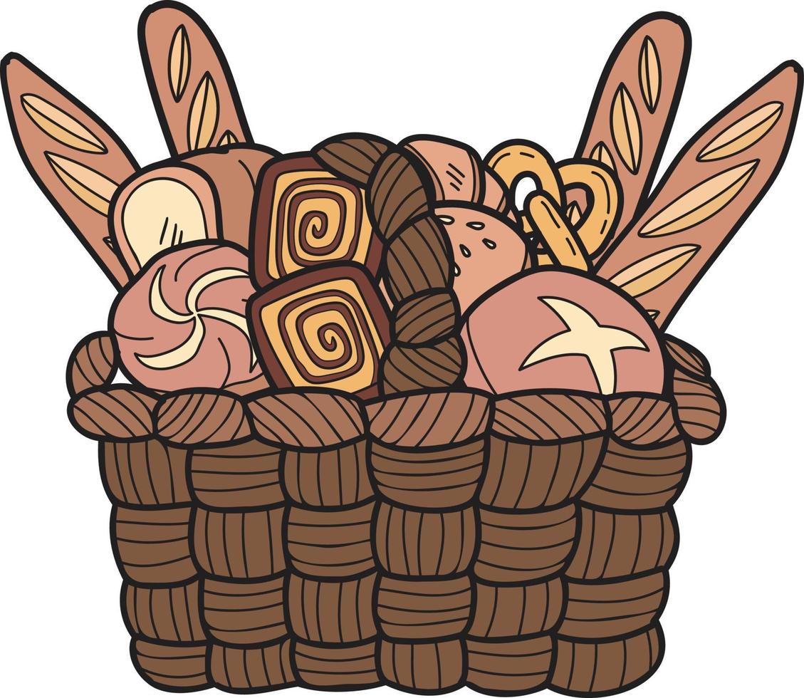 mano disegnato impostato di pane su il cestino illustrazione nel scarabocchio stile vettore