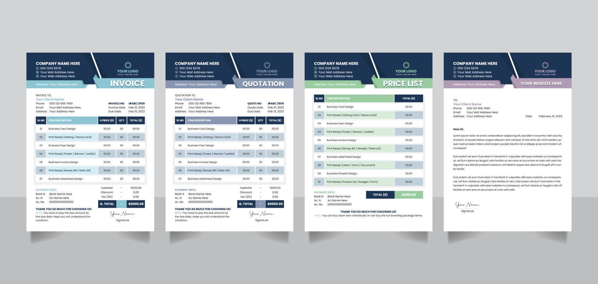 minimo attività commerciale fattura Quotazione listino prezzi carta intestata i soldi conto pagamento accordo design modelli vettore