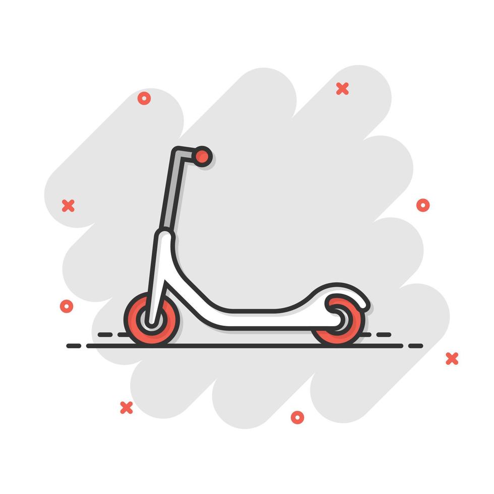 elettrico scooter icona nel comico stile. bicicletta cartone animato vettore illustrazione su bianca isolato sfondo. trasporto spruzzo effetto attività commerciale concetto.