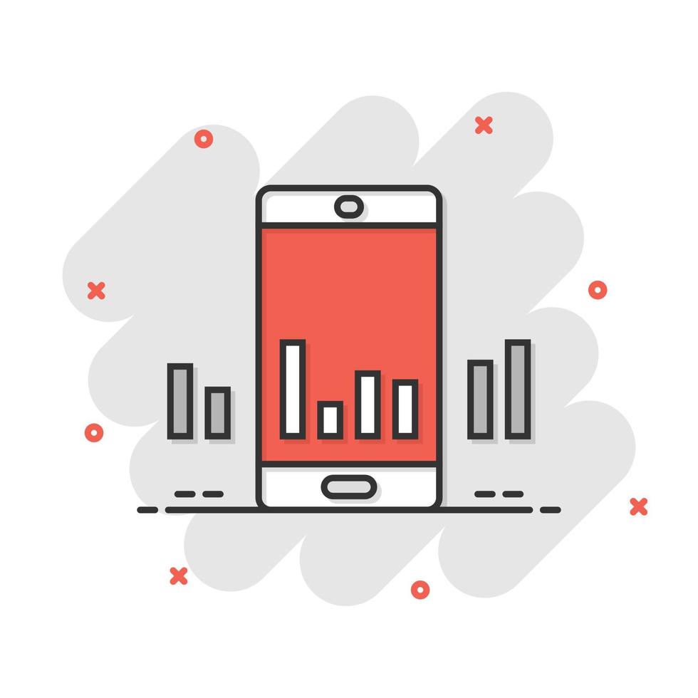 Telefono diagramma icona nel comico stile. smartphone crescita statistico cartone animato vettore illustrazione su bianca isolato sfondo. aggeggio analitica spruzzo effetto attività commerciale concetto.