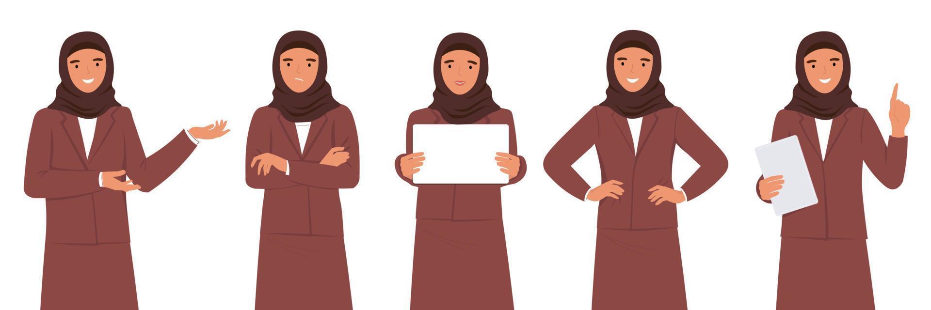 un' giovane musulmano donna nel un' hijab nel un' attività commerciale completo da uomo con un' tavoletta nel diverso pose insegna, porta informazione, pensa. vettore piatto grafica.