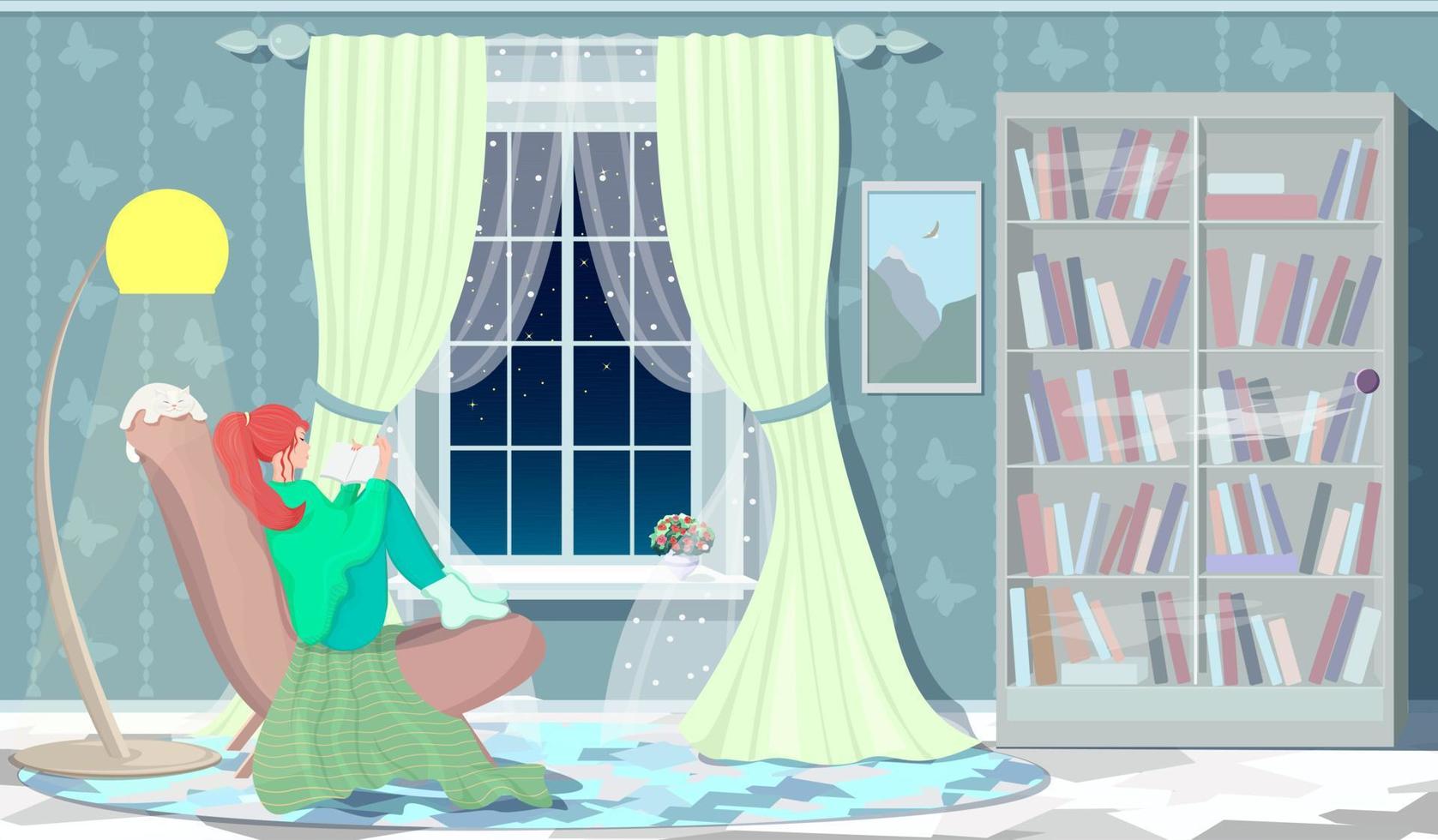 un' giovane ragazza è riposo nel un' sedia con un' gatto di il finestra, lettura un' libro di il leggero di un' pavimento lampada, nel un' accogliente camera con un' meraviglioso atmosfera. sera, calma fine settimana atmosfera vettore