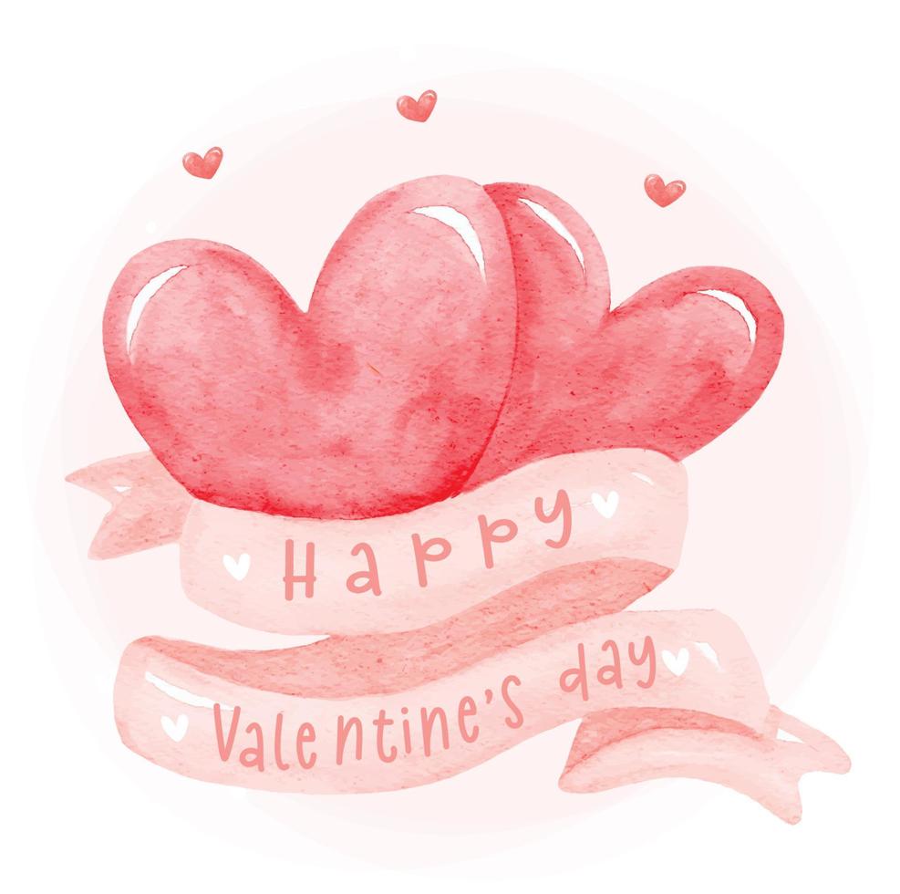 carino acquerello Due cuori nel rosa nastro arco bandiera etichetta contento San Valentino saluto carta, illustrazione vettore mano pittura