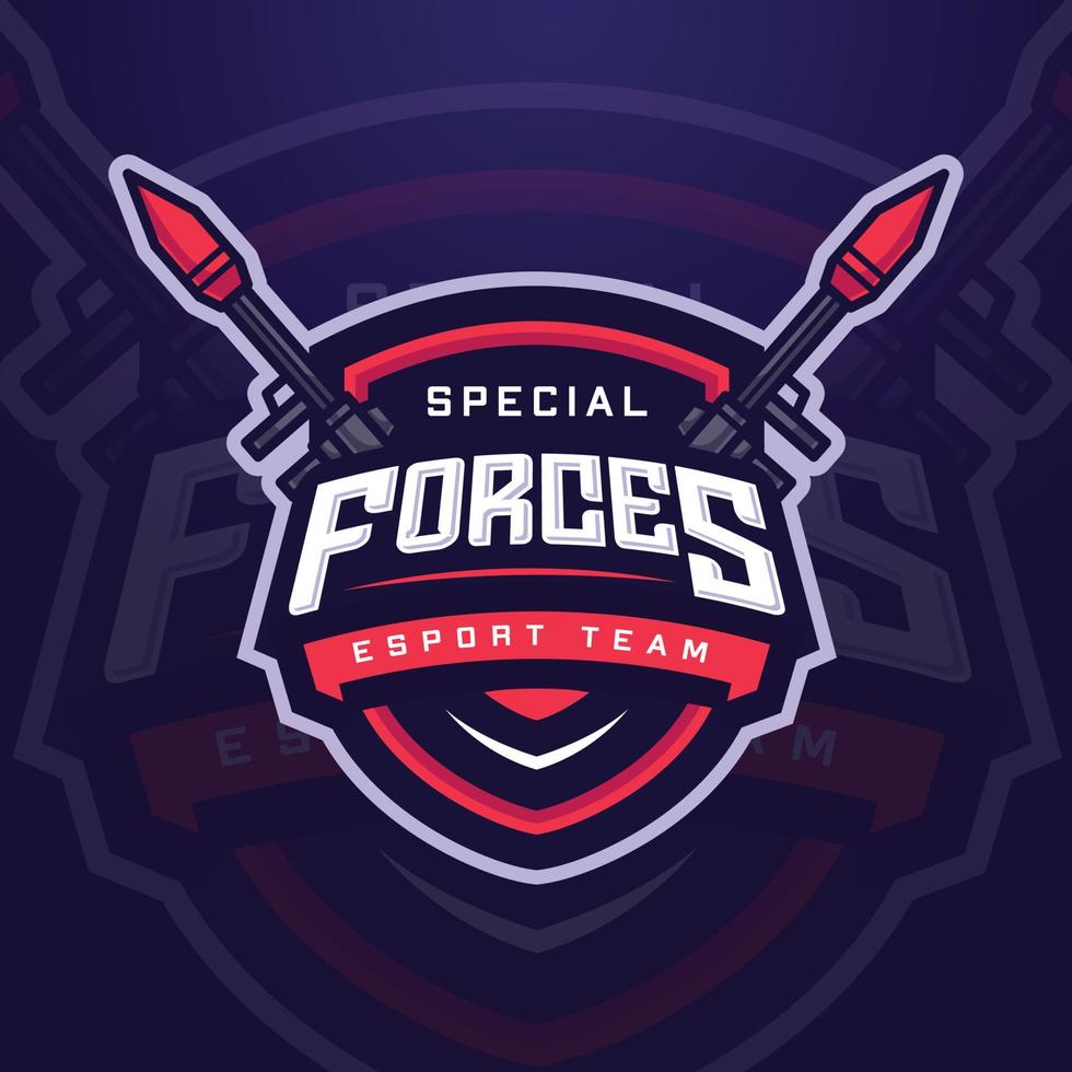 speciale forze e-sport logo modello con pistola per gioco squadra o gioco torneo vettore