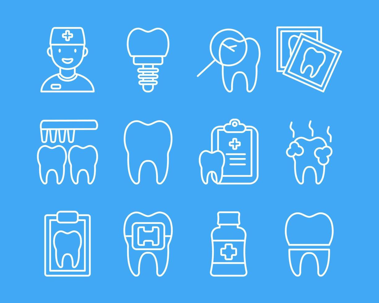 impostato di odontoiatria magro linea icone. schema icone per dentale design. vettore illustrazione.