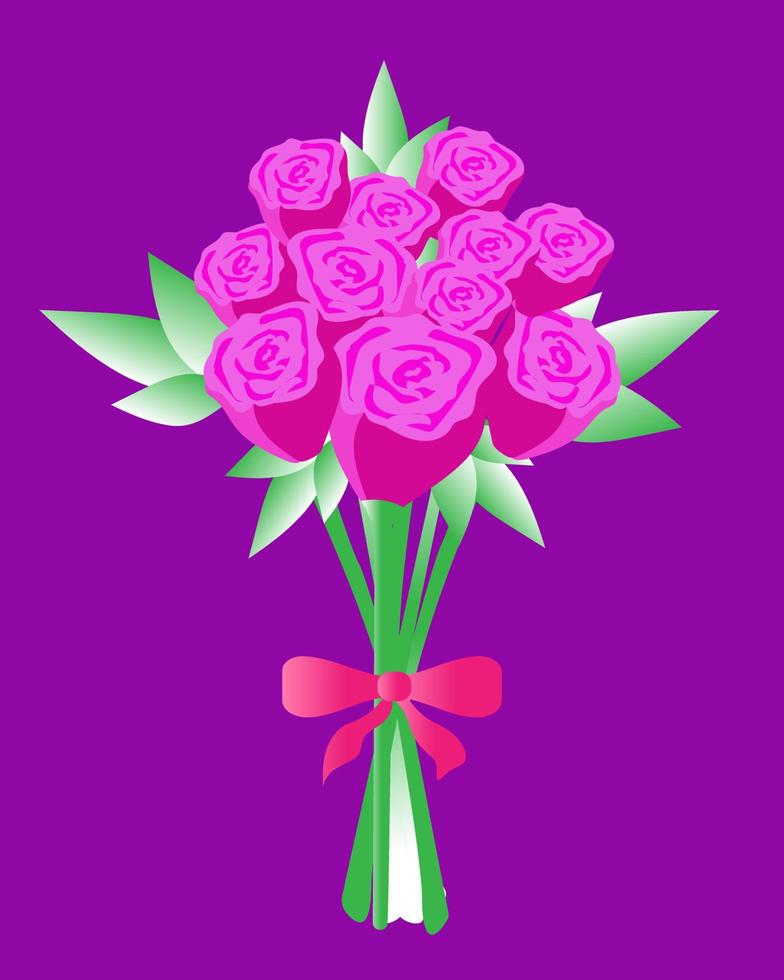 grande mazzo di rosa Rose con verde foglie con un' arco su un' viola sfondo vettore