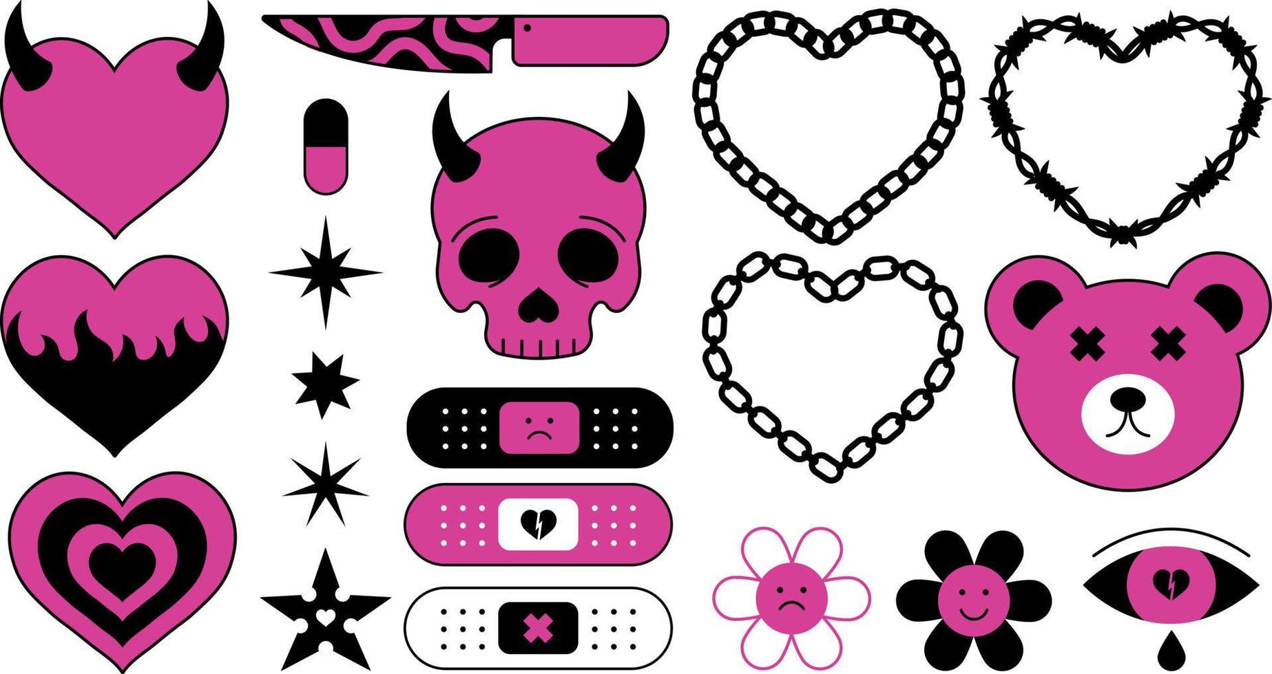 vettore impostato di elementi nel n2d stile, kawaii emo illustrazione nero e rosa