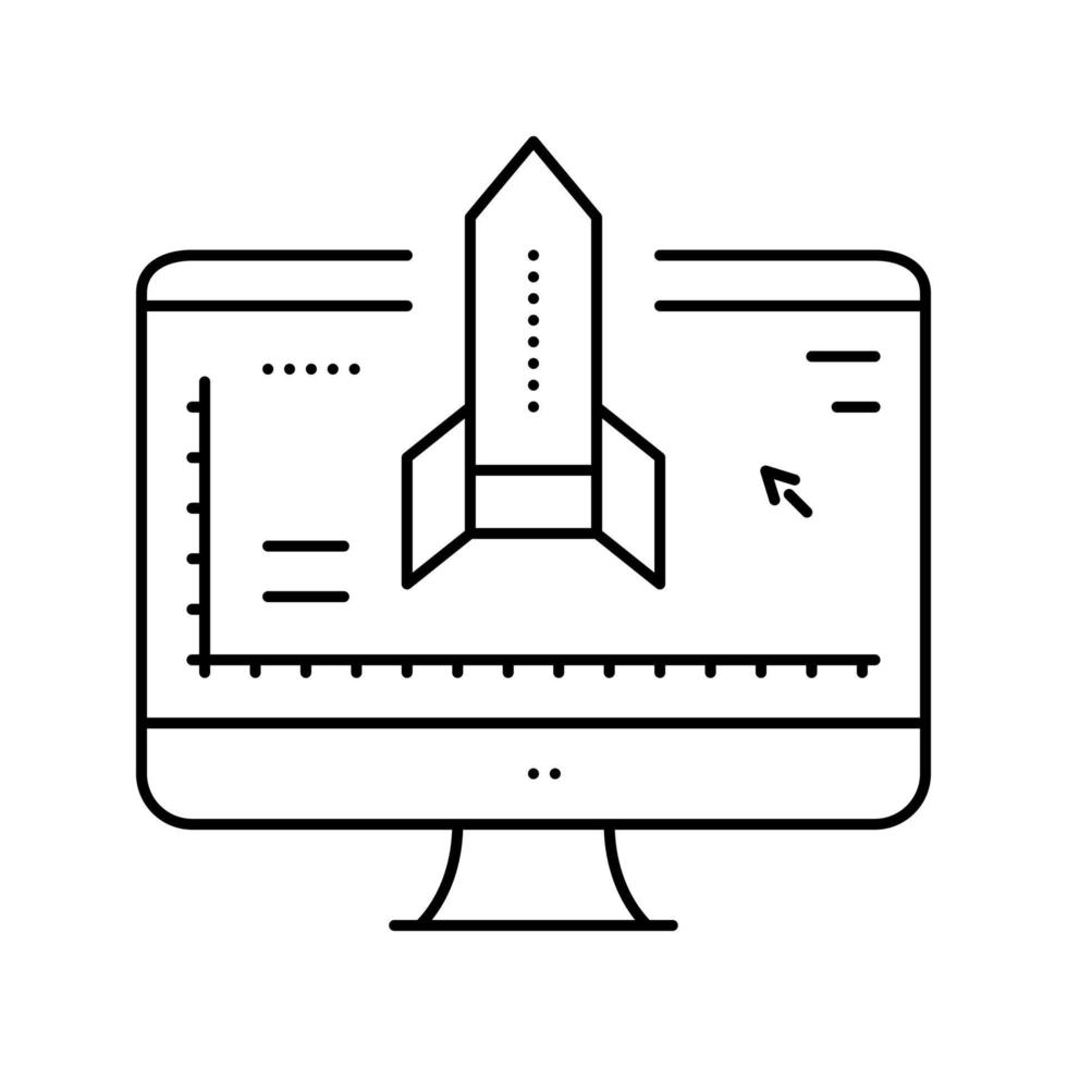 illustrazione vettoriale dell'icona della linea del programma per computer di modellazione a razzo