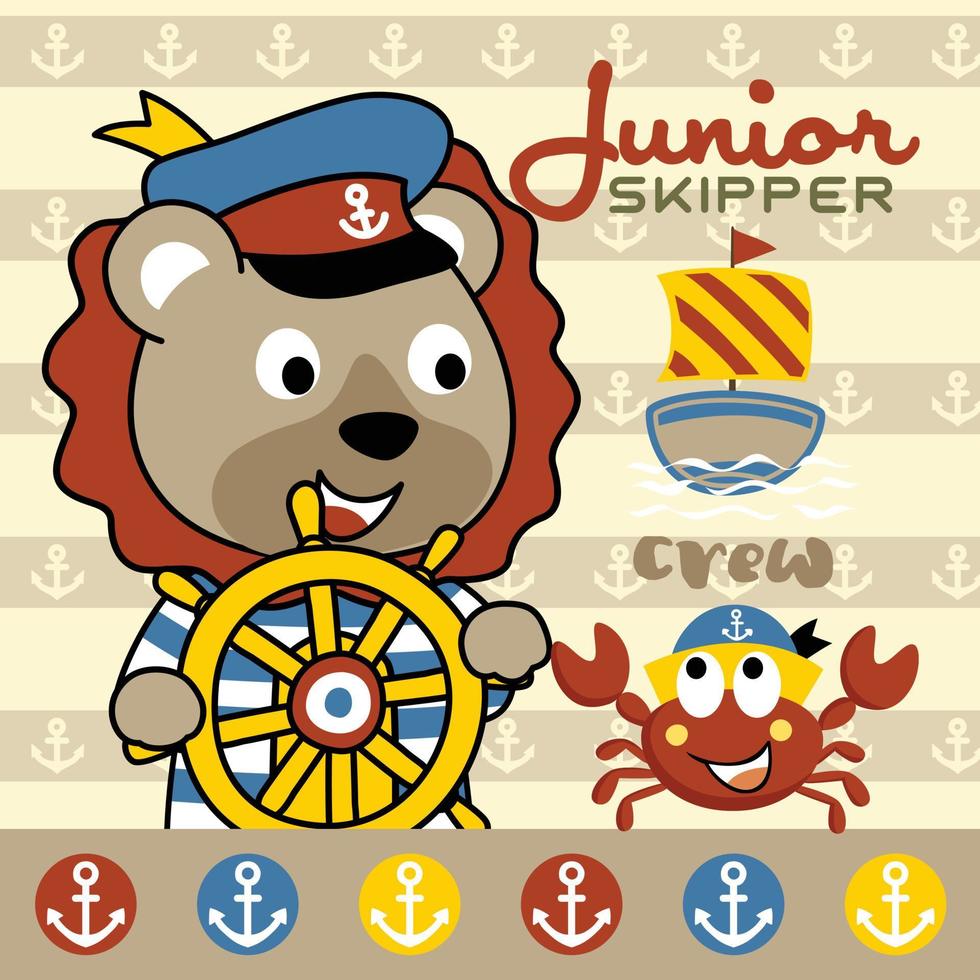 carino Leone nel marinaio costume Tenere timone ruota con granchio, andare in barca elementi, vettore cartone animato illustrazione