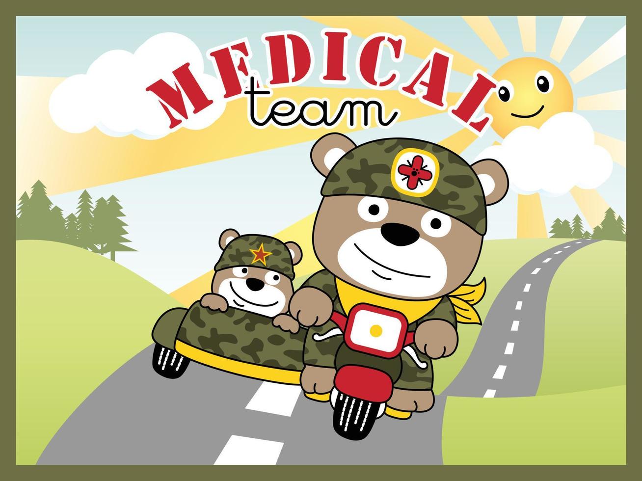 divertente orso soldato su militare motociclo con sidecar. medico squadra su paesaggio sfondo vettore