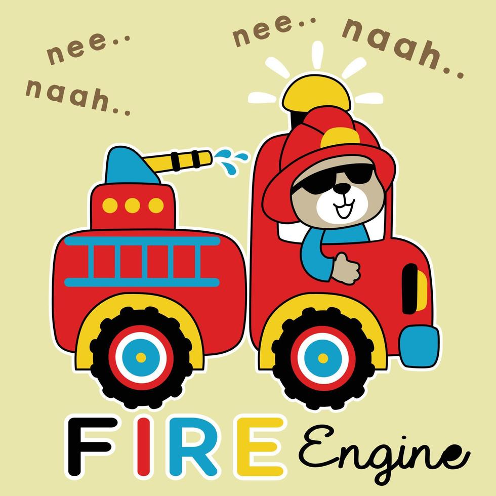 vettore illustrazione di cartone animato orso su camion dei pompieri