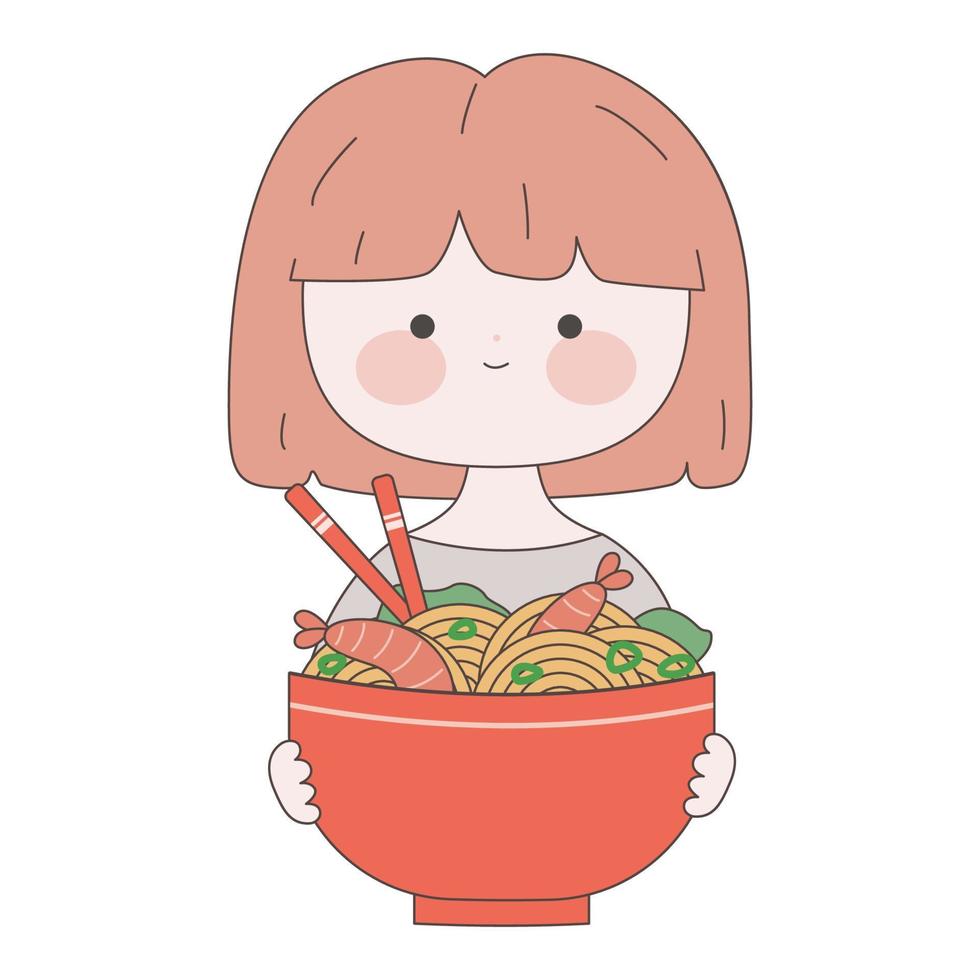 carino ragazza con un' piatto di ramen. kawaii giapponese cibo illustrazione. tradizionale giapponese spaghetto. asiatico cibo. vettore