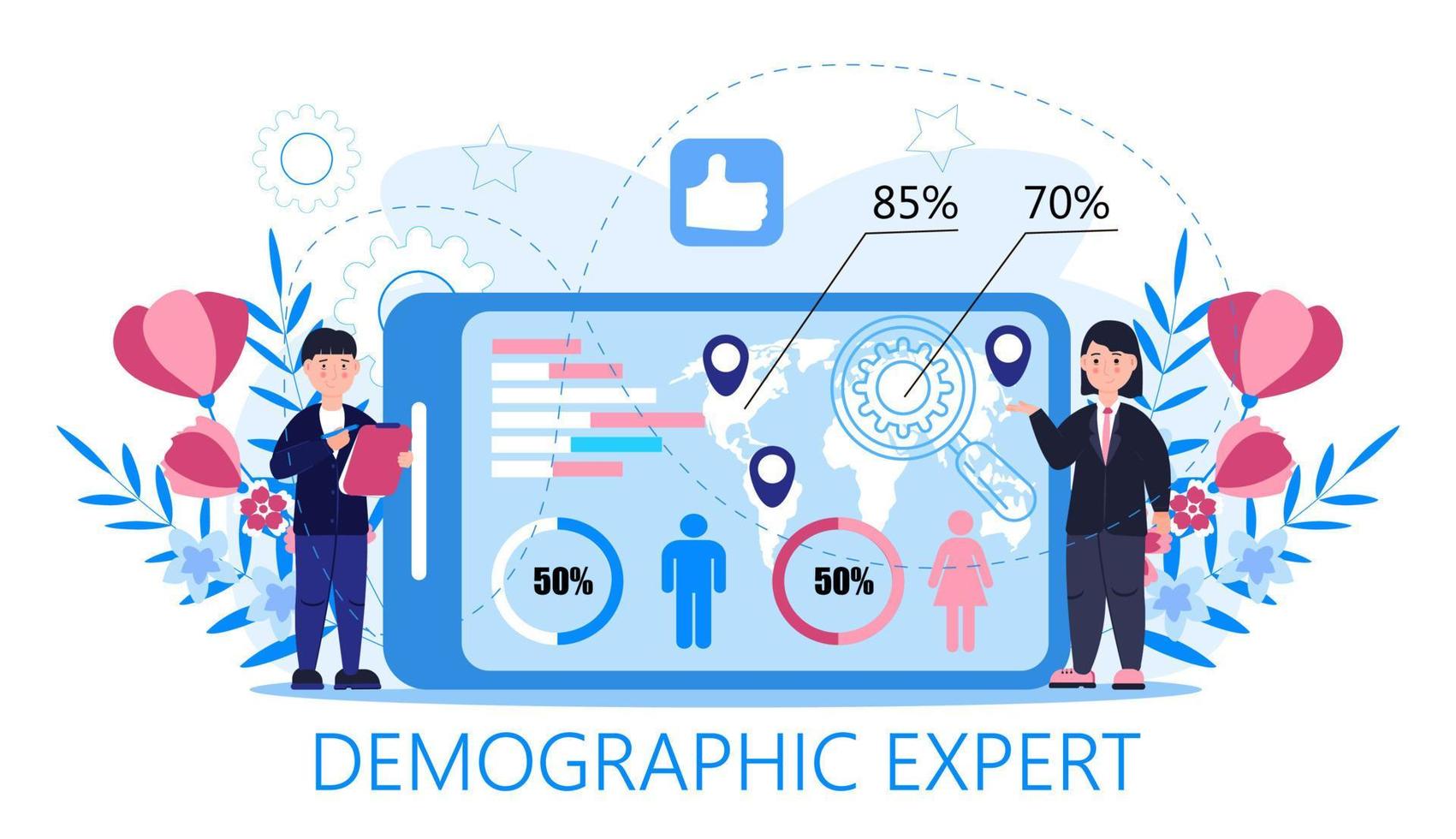 demografo concetto vettore per atterraggio pagina. crescita popolazione nel il mondo. demografico esperti analizzando dati numeri di donne, uomini, famiglie. diagrammi, carta geografica, etichetta