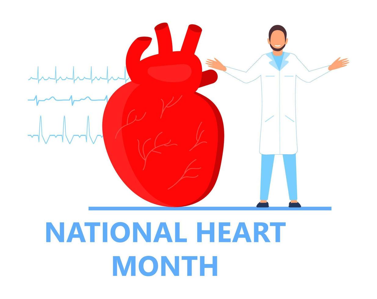 nazionale cuore mese concetto vettore. cuore malattie con medico Borsa e ekg. medico modello di ipotensione e ipertensione patologia. vettore