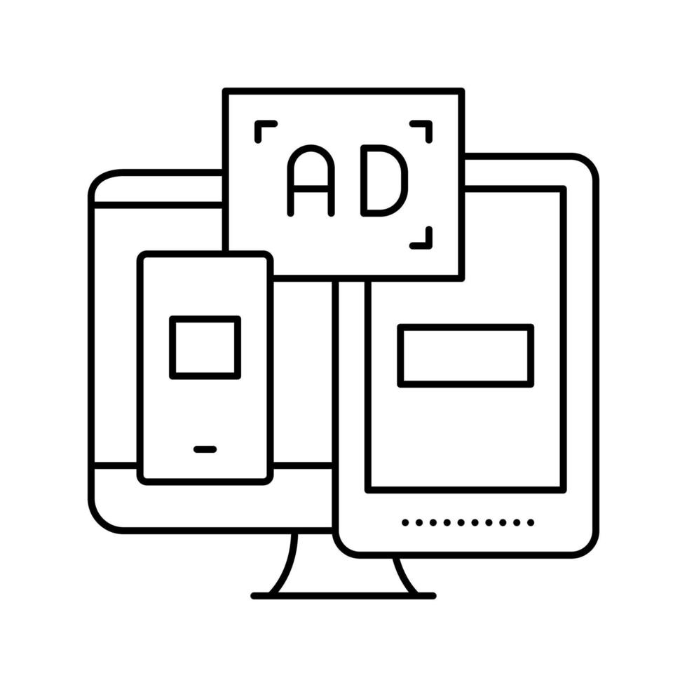 annuncio su computer telefono e tablet display icona linea illustrazione vettoriale