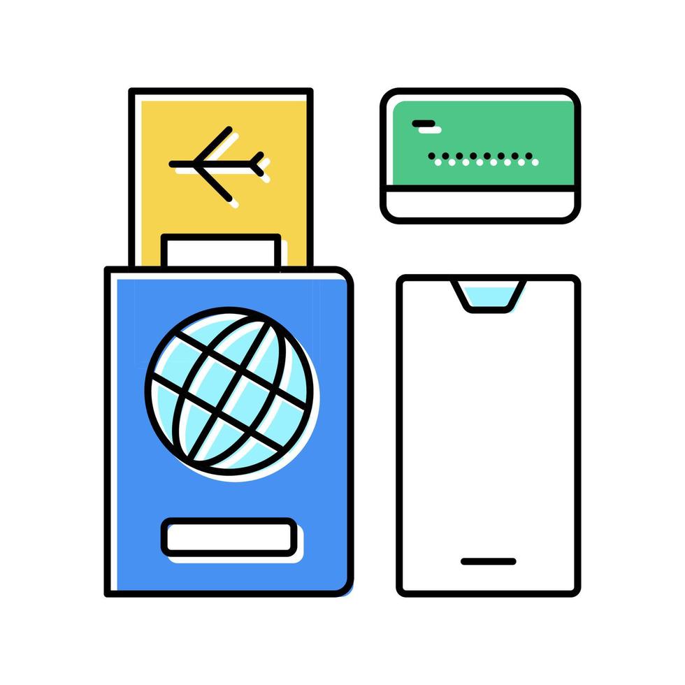 illustrazione vettoriale dell'icona a colori del passaporto, del biglietto, della carta bancaria e dello smartphone internazionale