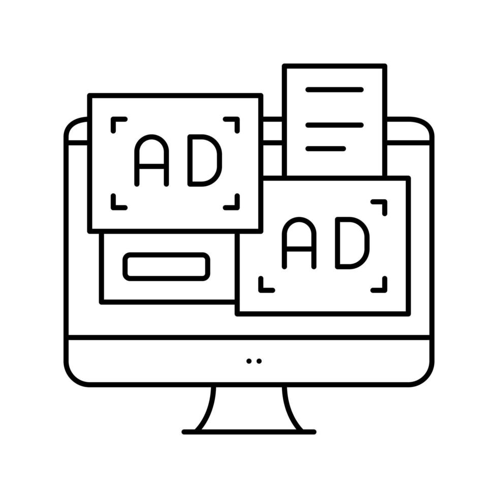 banner pubblicitari sull'illustrazione vettoriale dell'icona della linea dello schermo del computer
