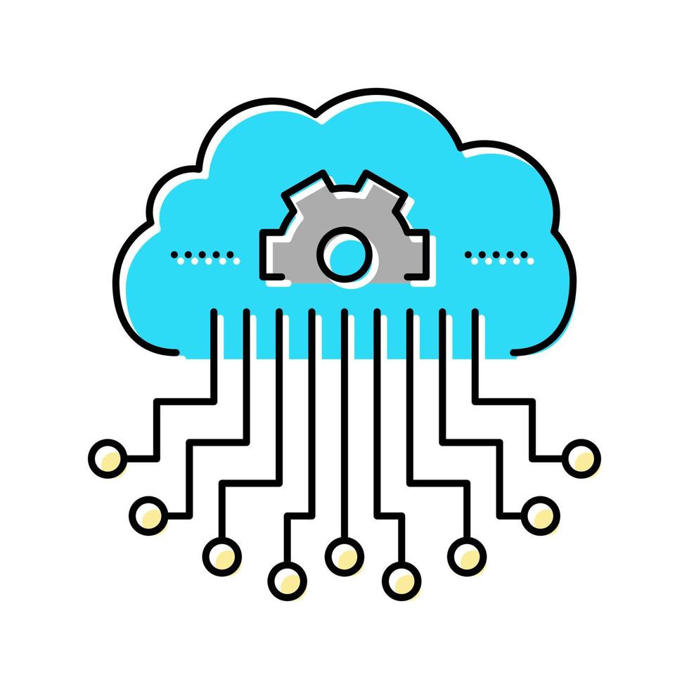 illustrazione vettoriale dell'icona del colore della rete neurale del processo di lavoro e di archiviazione cloud