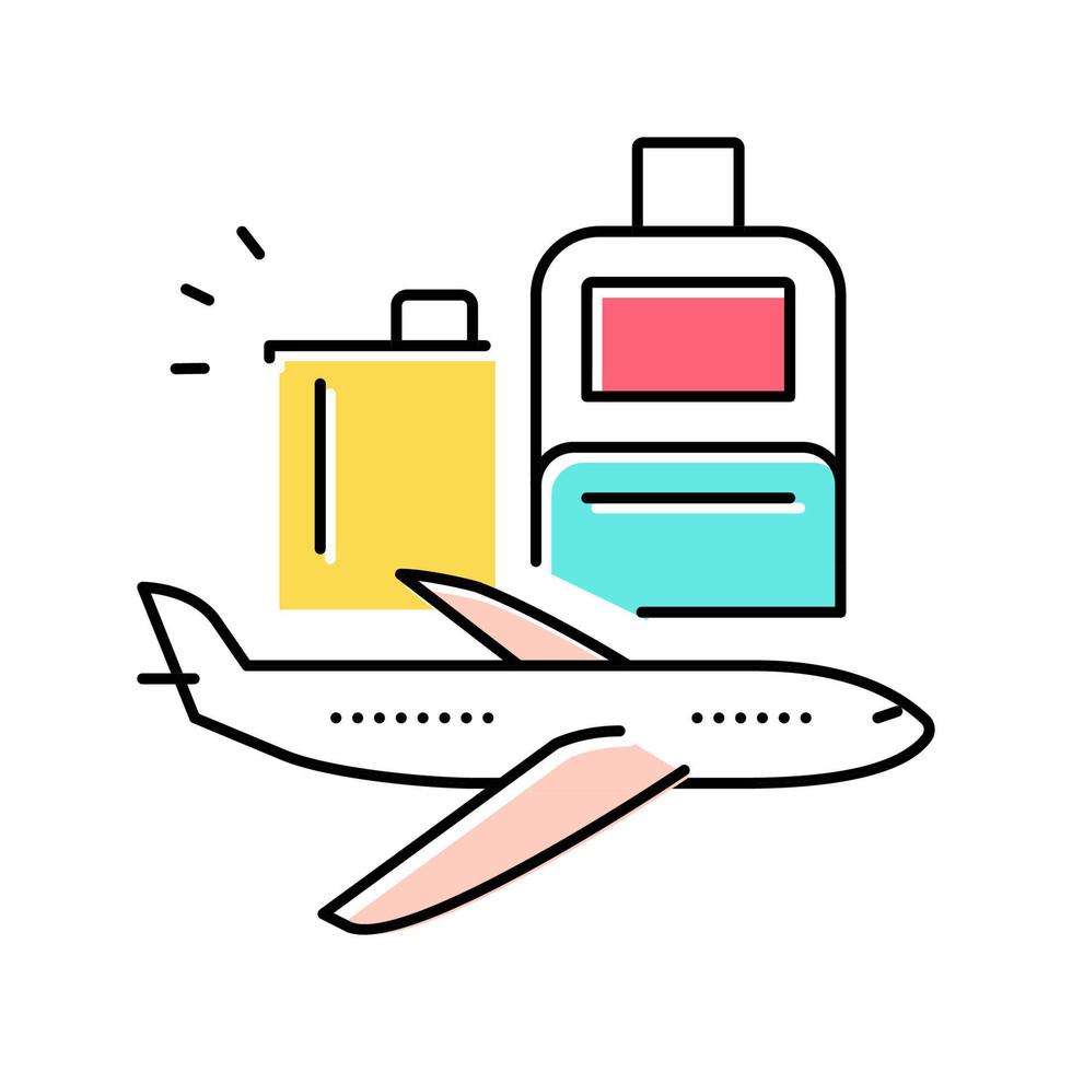 illustrazione vettoriale dell'icona del colore del viaggio dell'aeroplano e dei bagagli