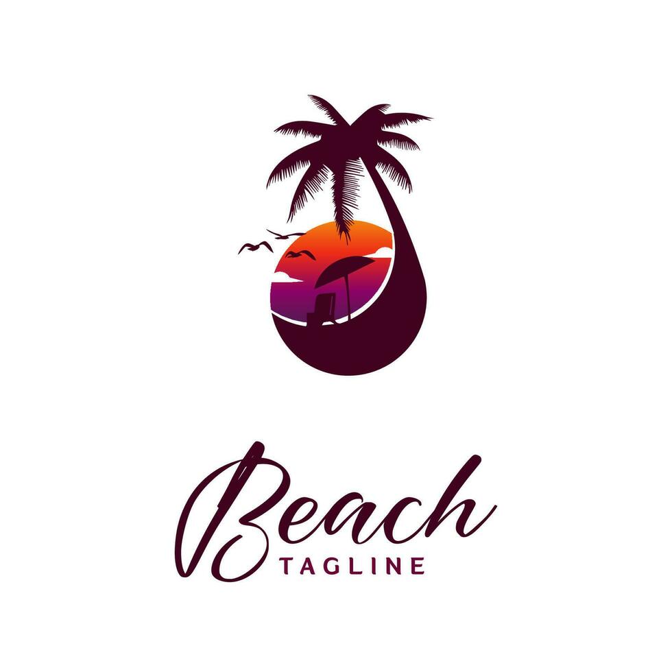 logo design con spiaggia Visualizza a crepuscolo vettore