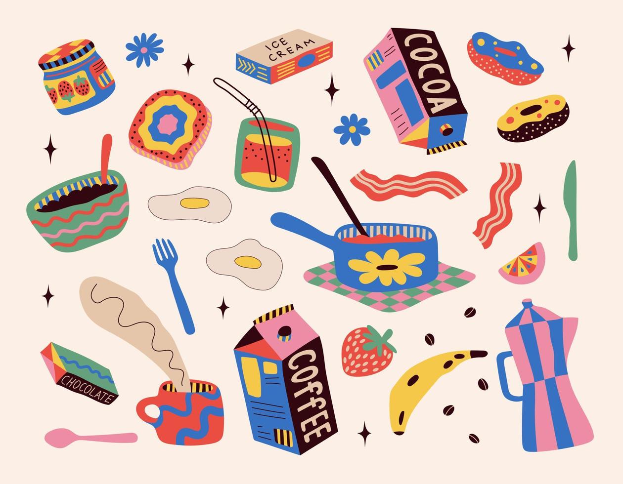 impostato di adesivi con disegnato cibo. disegno stile. vario colorato bevande, cupcakes, ciambelle, frutta, caffè, fanans. mano disegnato moda vettore illustrazione.