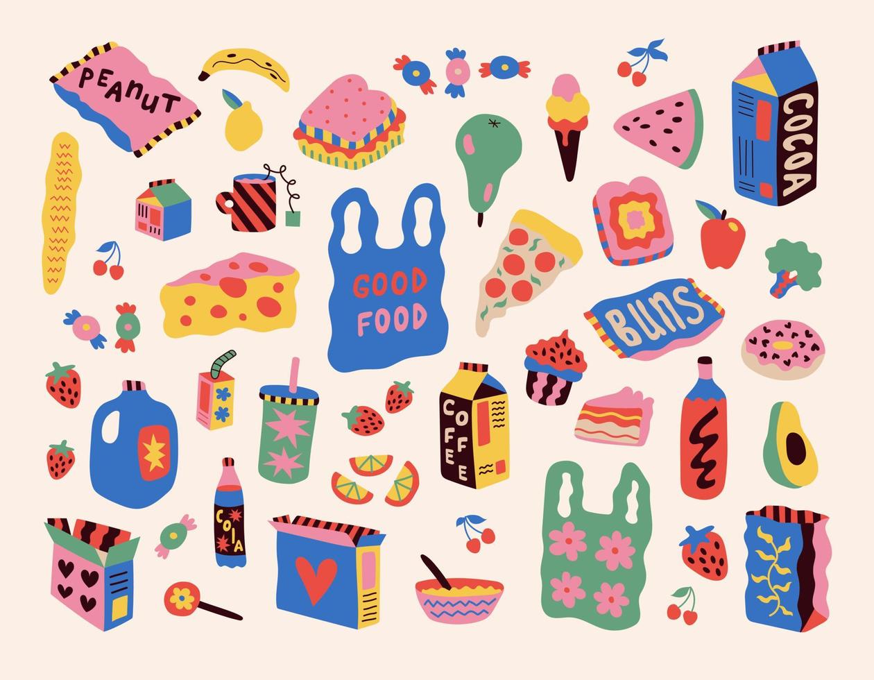 impostato di adesivi con disegnato cibo. disegno stile. vario colorato bevande, cupcakes, ciambelle, frutta, caffè, fanans. mano disegnato moda vettore illustrazione.