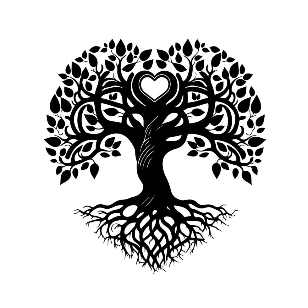 ornamentale albero di amore - yggdrasil con cuore forma nel il mezzo di il albero corona. ornamentale design per logo, mascotte, cartello, emblema, maglietta, ricamo, artigianato, sublimazione, tatuaggio. vettore