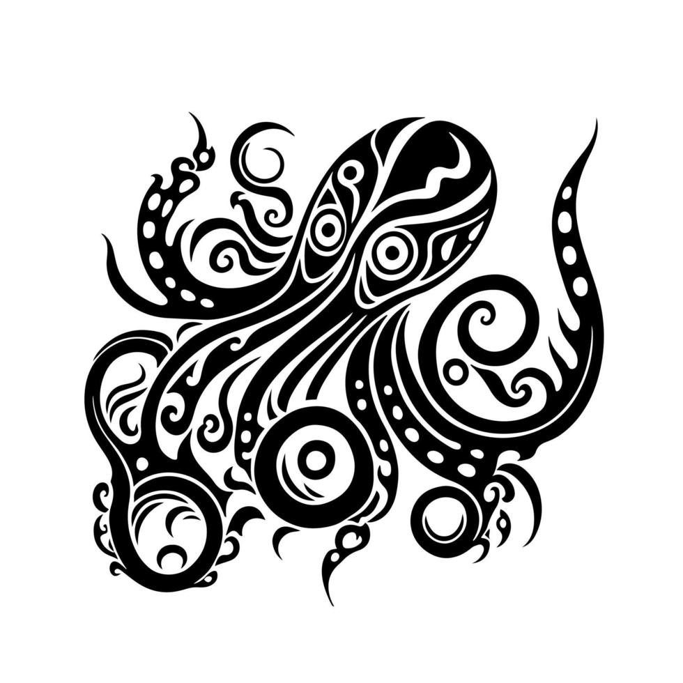 carino ornamentale polpo con Riccio tentacoli. decorativo illustrazione per tatuaggio, logo, emblema, cartello, ricamo. vettore