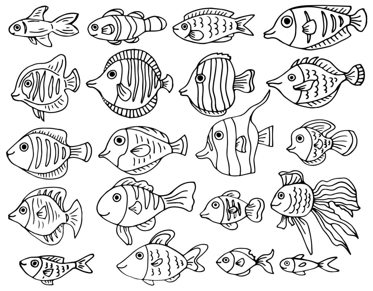 set di simpatici scarabocchi di pesce di mare. mondo sottomarino in stile schizzo. illustrazione vettoriale disegnata a mano isolata su sfondo bianco.