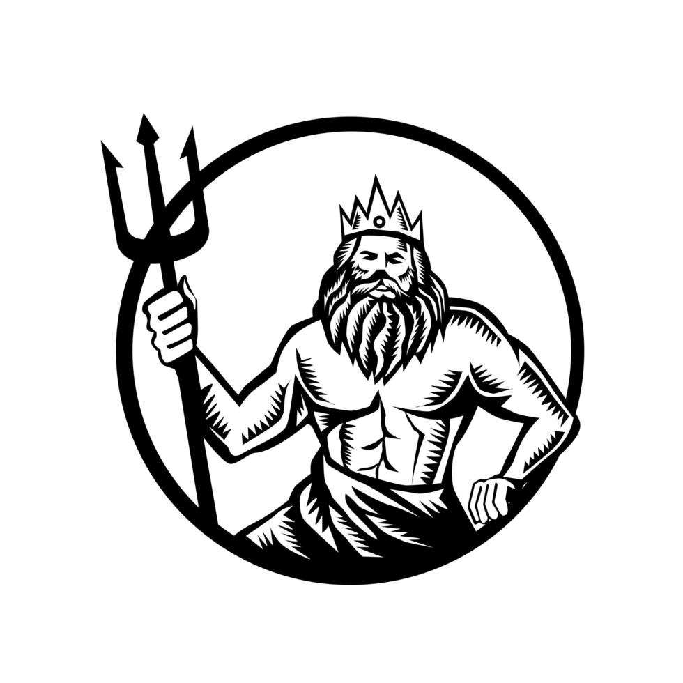 poseidon holding tridente cerchio xilografia emblema bianco e nero vettore