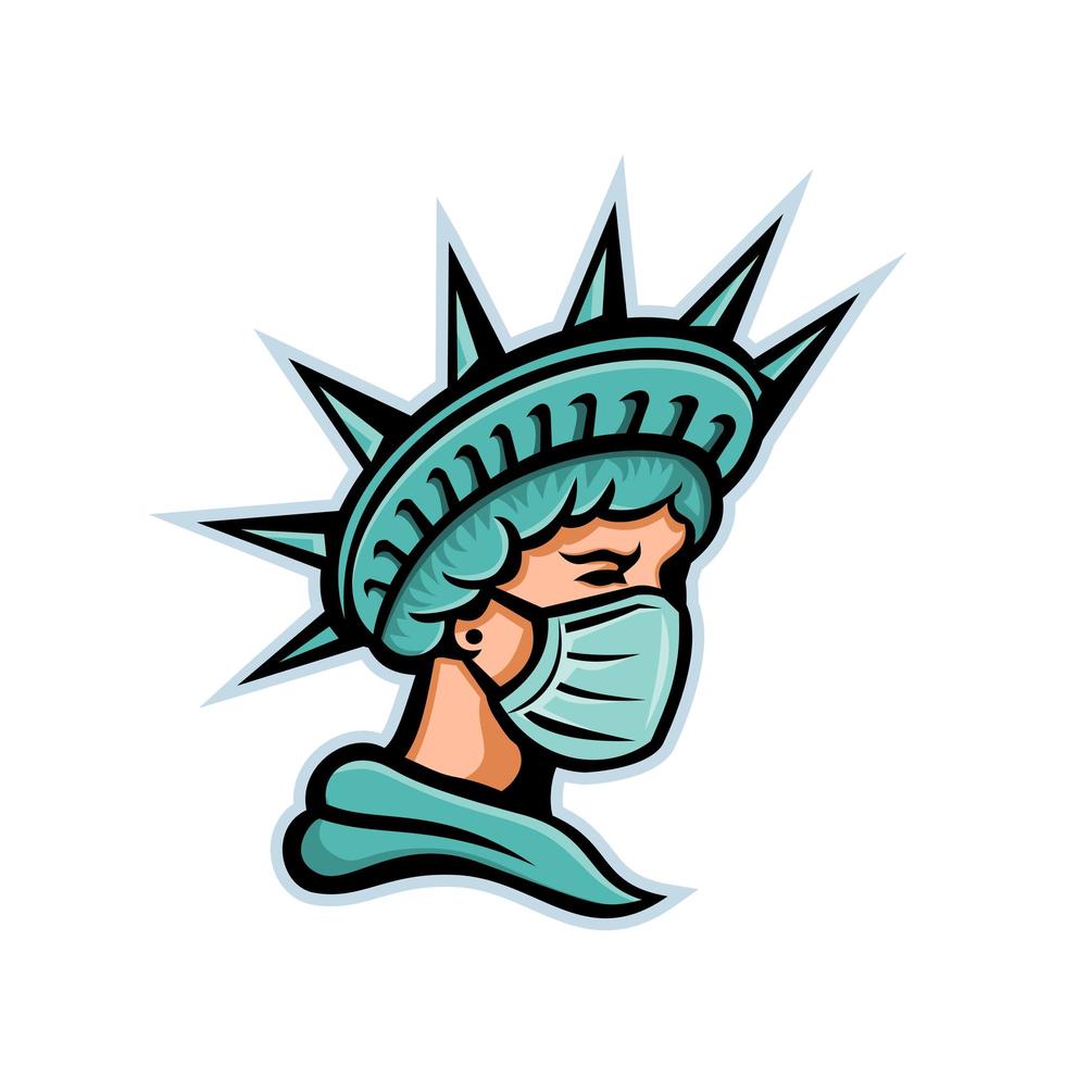 statua della libertà che indossa mascotte maschera chirurgica vettore