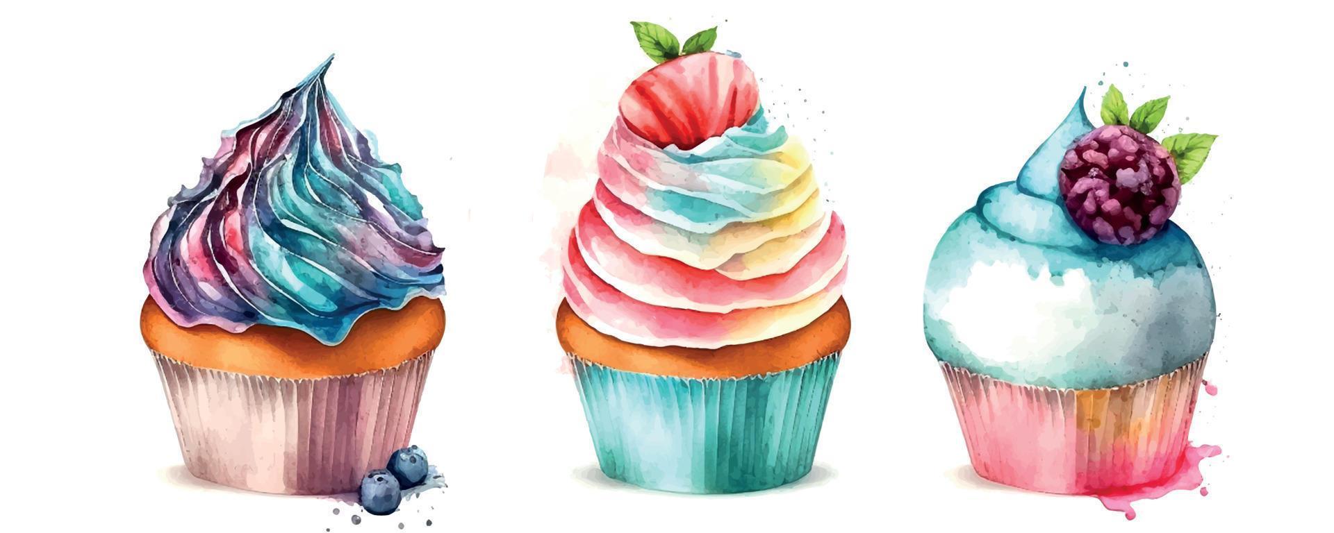 Cupcake impostato con crema. acquerello illustrazione ghiaccio crema vettore