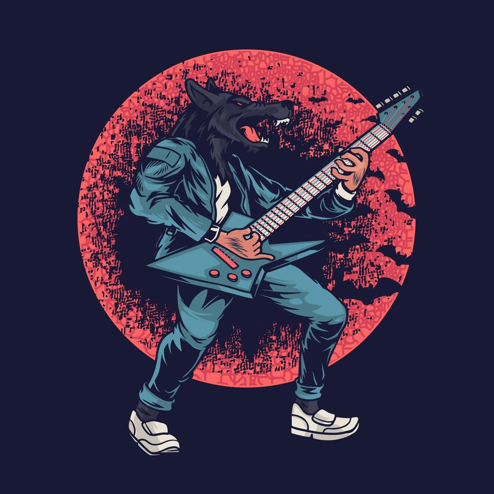lupo su uno sfondo di luna rossa. un chitarrista con un dipinto a forma di testa di lupo per la stampa di abiti da t-shirt vettore