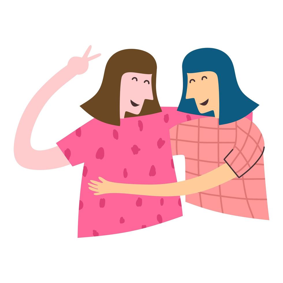 illustrazione vettoriale piatto di amicizia femminile. due giovani ragazze in piedi posa e si abbracciano. allegri personaggi dei cartoni animati di giovani amiche. concetto di amicizia per banner, sito Web o pagina web