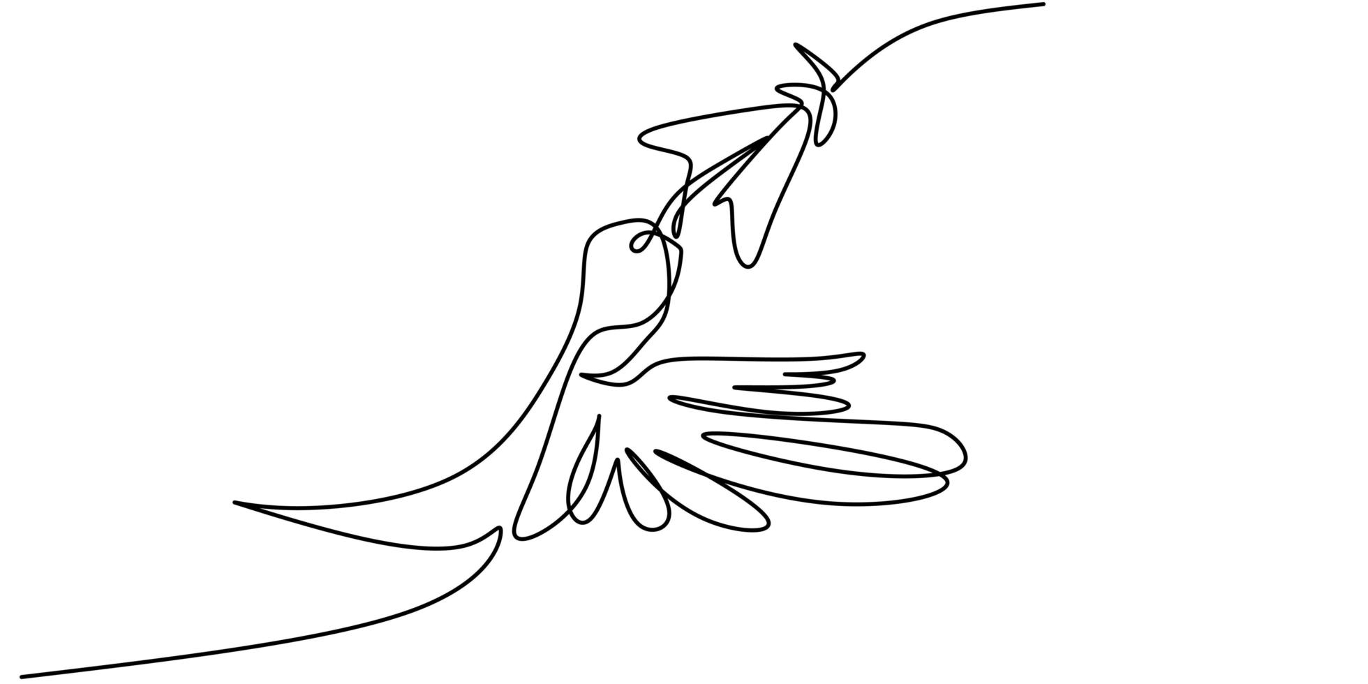 disegno continuo di una linea di disegno minimalista colibrì. uccello in volo sui fiori isolati su sfondo bianco. vettore