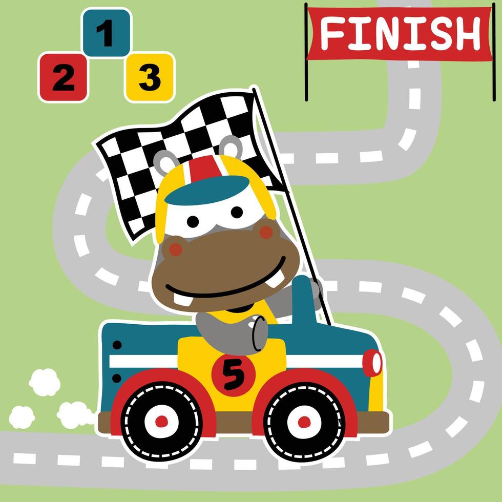 carino ippopotamo guida da corsa macchina, vettore cartone animato illustrazione