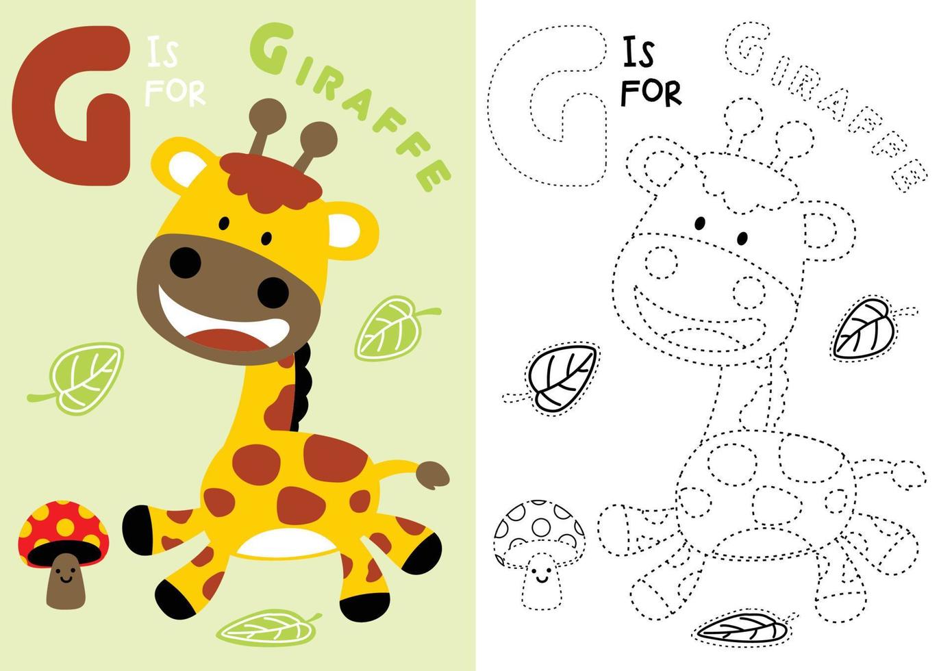 vettore cartone animato di giraffa con sorridente funghi e foglie, colorazione libro o pagina