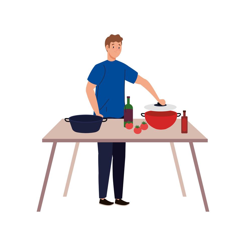 uomo che cucina con tavolo in legno su sfondo bianco vettore