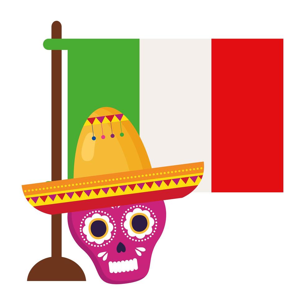 bandiera messicana e teschio rosa con cappello, in sfondo bianco vettore