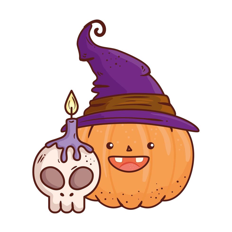 halloween, zucca carina con cappello strega con teschio e candela vettore