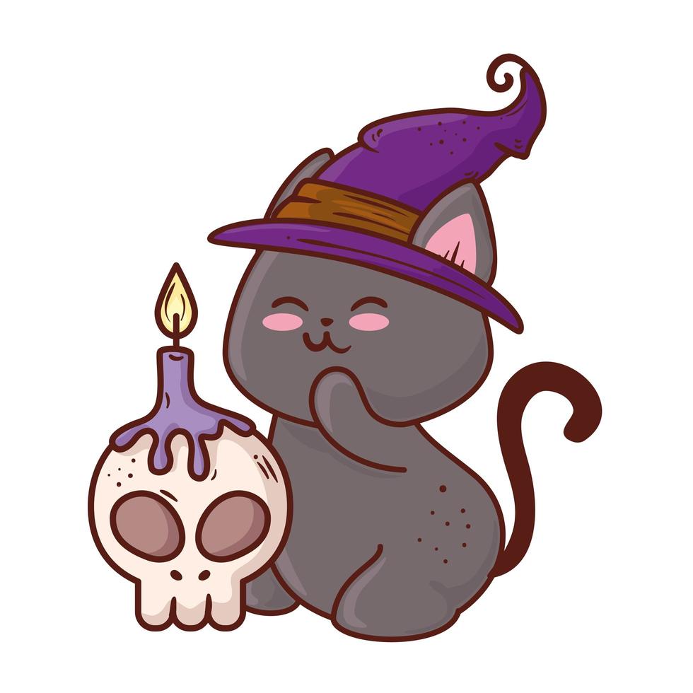halloween, simpatico gatto nero con cappello strega e teschio con candela vettore