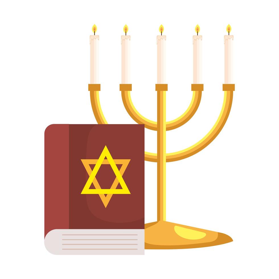 candele in candelieri con il libro della Bibbia ebreo, su sfondo bianco vettore
