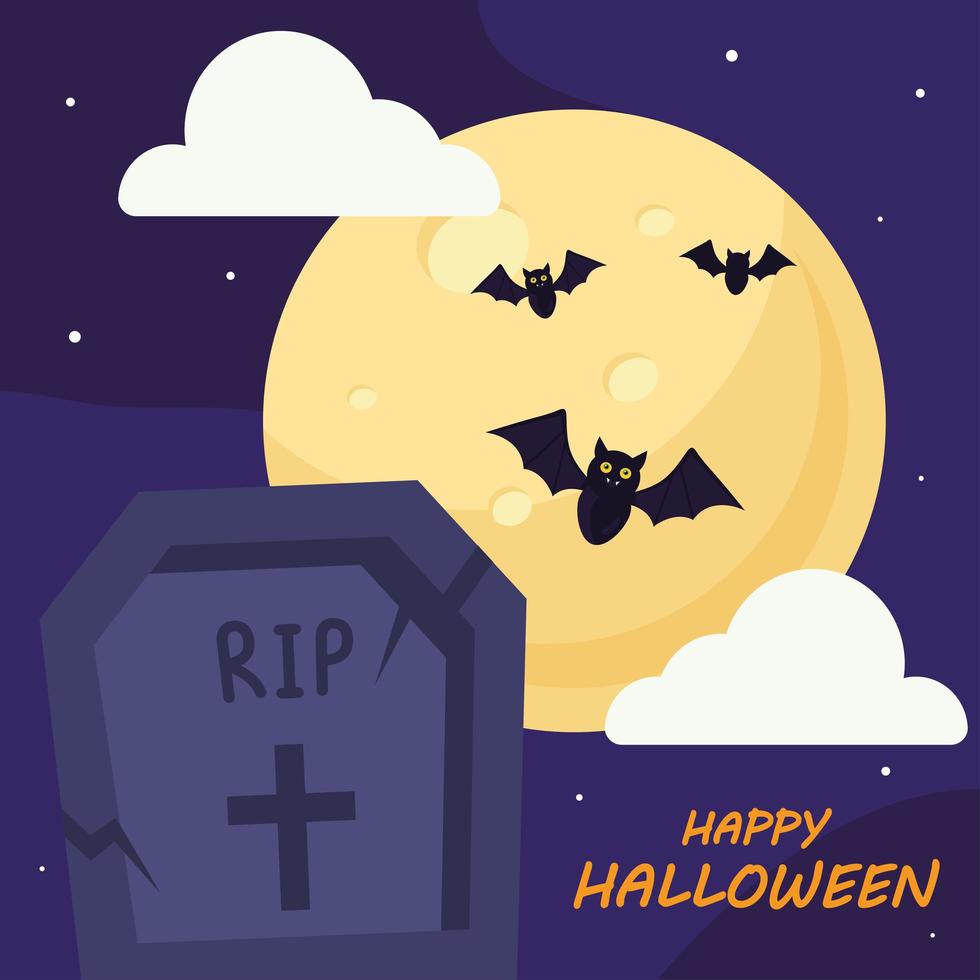 felice halloween con disegno vettoriale tomba e pipistrelli